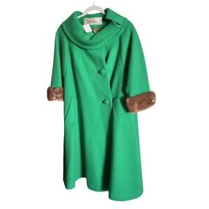 60's Vintage Lilli Ann Green Wool Swing Coat with Genuine Mink Fur Paris Glam
